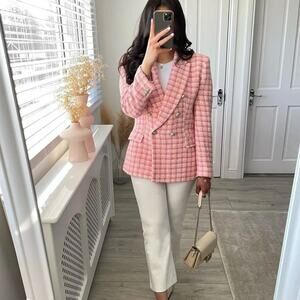NWT Zara Blogger Pink Houndstooth Textured Double Breasted Blazer.
